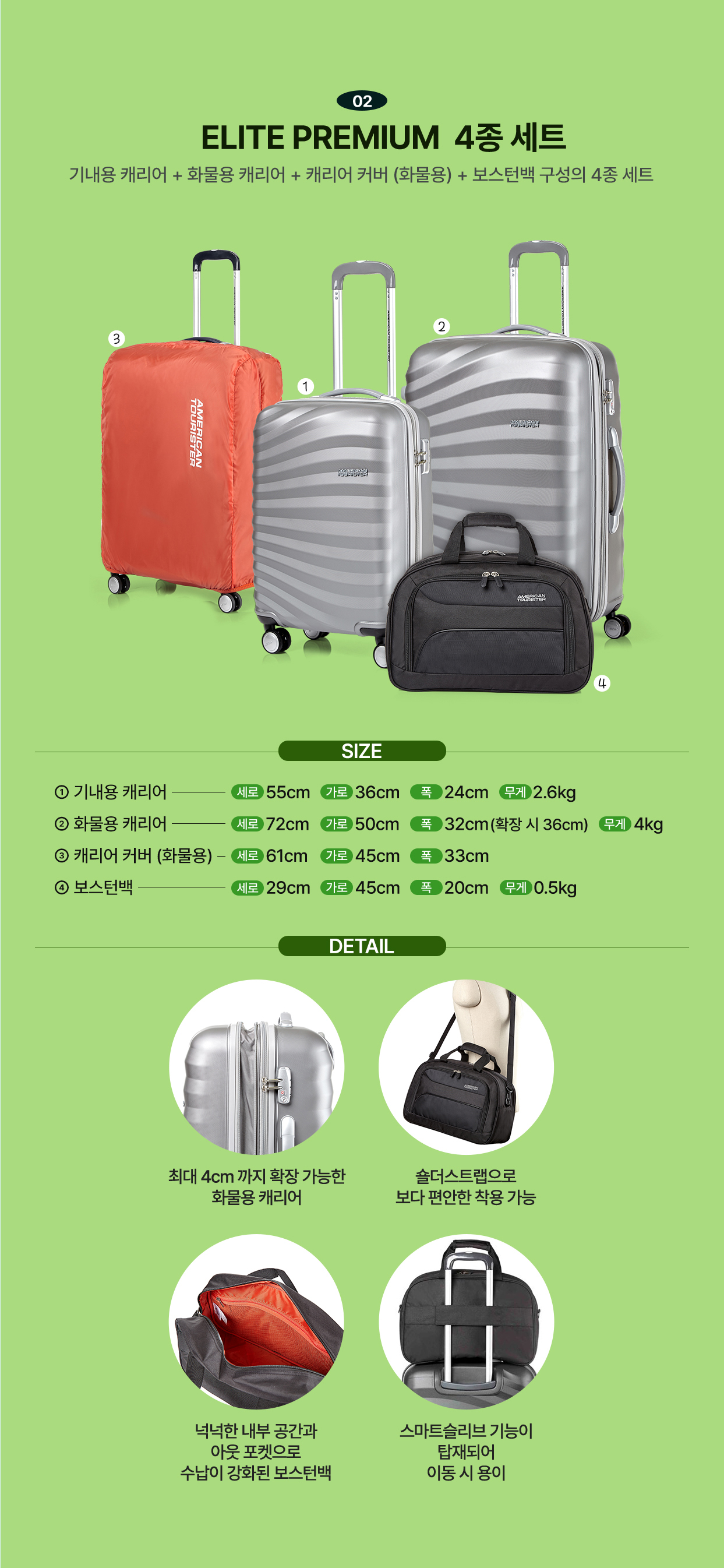 02 ELITE PREMIUM 4종 세트 기내용 캐리어 + 화물용 캐리어 + 캐리어 커버 (화물용) + 보스턴백 구성의 4종 세트 / SIZE 1. 기내용 캐리어 세로 55cm 가로 36cm 폭 24cm 무게 2.6kg 2. 화물용 캐리어 세로 72cm 가로 50cm 폭 32cm(확장 시 36cm) 무게 4kg 3. 캐리어 커버 (화물용) 세로 61cm 가로 45cm 폭 33cm 4. 보스턴백 세로 29cm 가로 45cm 폭 20cm 무게 0.5kg / DETAIL 최대 4cm까지 확장 가능한 화물용 캐리어, 숄더스트랩으로 보다 편안한 착용 가능, 넉넉한 내부 공간과 아웃 포켓으로 수납이 강화된 보스턴백, 스마트슬리브 기능이 탑재되어 이동 시 용이