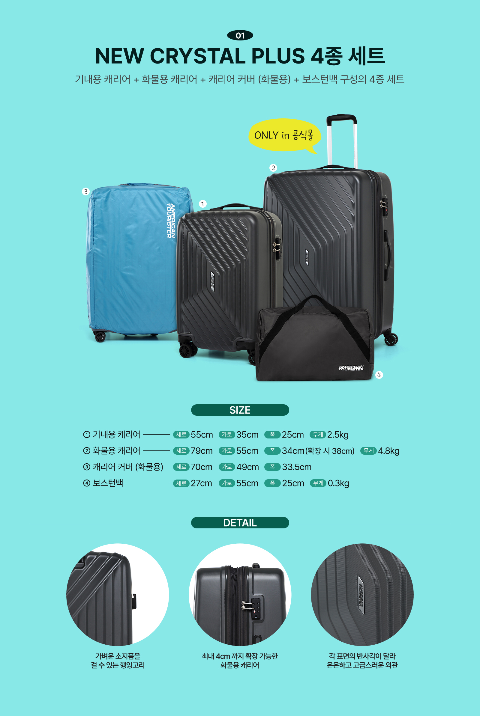 01 NEW CRYSTAL PLUS 4종 세트 기내용 캐리어 + 화물용 캐리어 + 캐리어 커버 (화물용) + 보스턴백 구성의 4종 세트 ONLY in 공식몰 / SIZE 1. 기내용 캐리어 세로 55cm 가로 35cm 폭 25cm 무게 2.5kg 2. 화물용 캐리어 세로 79cm 가로 55cm 폭 34cm(확장 시 38cm) 무게 4.8kg   3. 캐리어 커버 (화물용) 세로 70cm 가로 49cm 폭 33.5cm 4. 보스턴백 세로 27cm 가로 55cm 폭 25cm 무게 0.3kg / DETAIL 가벼운 소지품을 걸 수 있는 행잉고리, 최대 4cm까지 확장 가능한 화물용 캐리어, 각 표면의 반사각이 달라 은은하고 고급스러운 외관