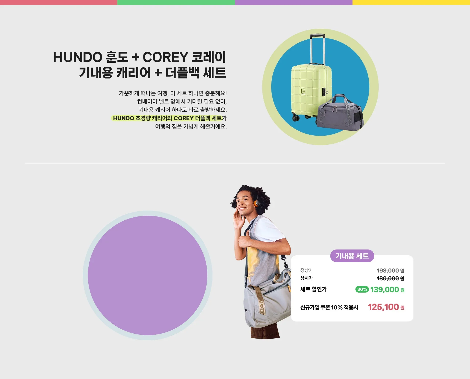 2. HUNDO 훈도 + COREY 코레이 기내용 캐리어 + 더플백 세트 / 가뿐하게 떠나는 여행, 이 세트 하나면 충분해요! 컨베이어 벨트 앞에서 기다릴 필요 없이, 기내용 캐리어 하나로 바로 출발하세요. HUNDO 초경량(2.5kg) 캐리어와 COREY 더플백 세트가 여행의 짐을 가볍게 해줄거에요. 캐리어 기내용 : 119,000원, 더플백 : 79,000원. (기내용 세트) 정상가 198,000원, 상시가 180,000원, 세트 할인가 30% 할인 139,000원. 신규가입 쿠폰 10% 적용시 125,100원.