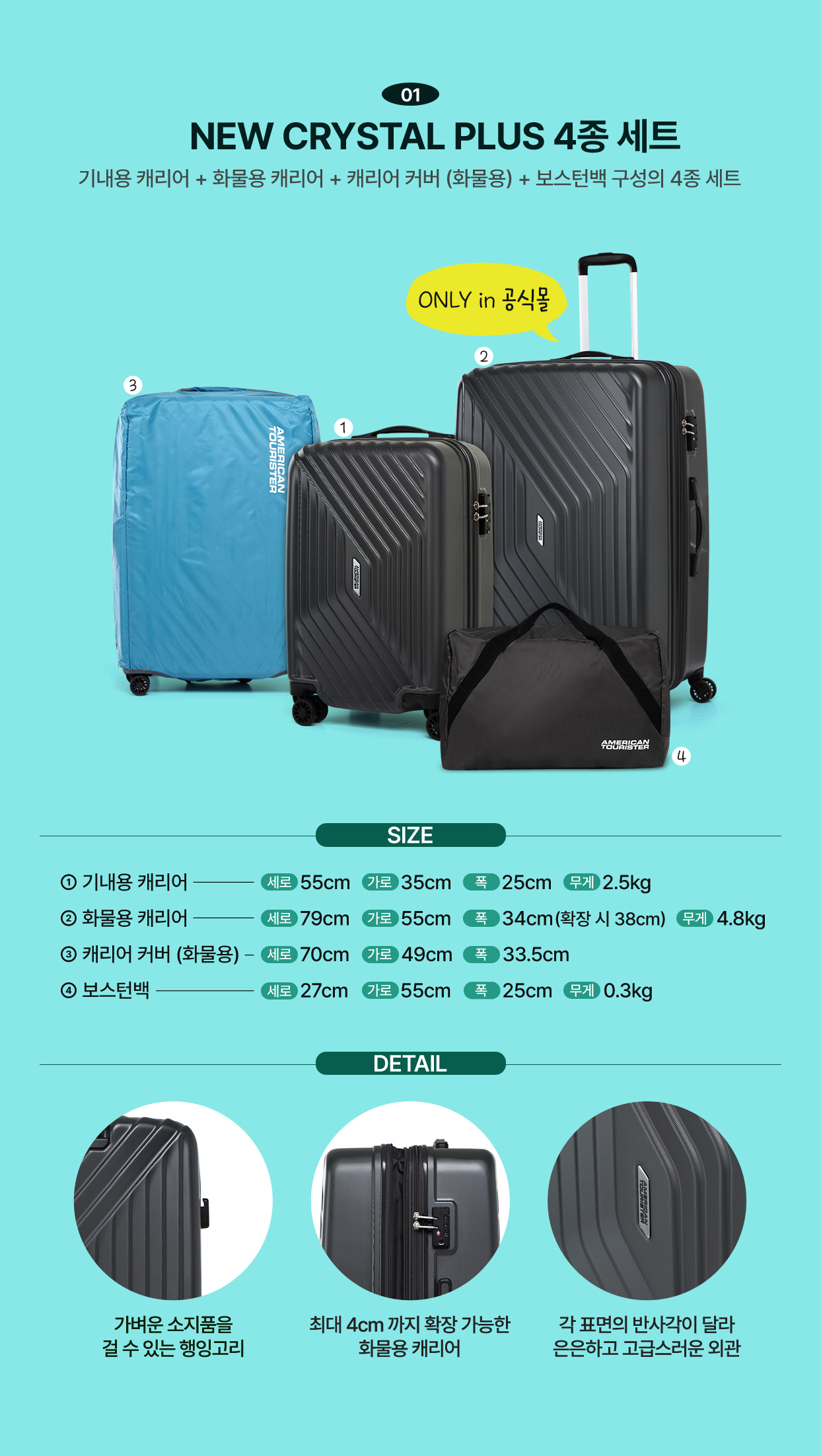 01 NEW CRYSTAL PLUS 4종 세트 기내용 캐리어 + 화물용 캐리어 + 캐리어 커버 (화물용) + 보스턴백 구성의 4종 세트 ONLY in 공식몰 / SIZE 1. 기내용 캐리어 세로 55cm 가로 35cm 폭 25cm 무게 2.5kg 2. 화물용 캐리어 세로 79cm 가로 55cm 폭 34cm(확장 시 38cm) 무게 4.8kg   3. 캐리어 커버 (화물용) 세로 70cm 가로 49cm 폭 33.5cm 4. 보스턴백 세로 27cm 가로 55cm 폭 25cm 무게 0.3kg / DETAIL 가벼운 소지품을 걸 수 있는 행잉고리, 최대 4cm까지 확장 가능한 화물용 캐리어, 각 표면의 반사각이 달라 은은하고 고급스러운 외관