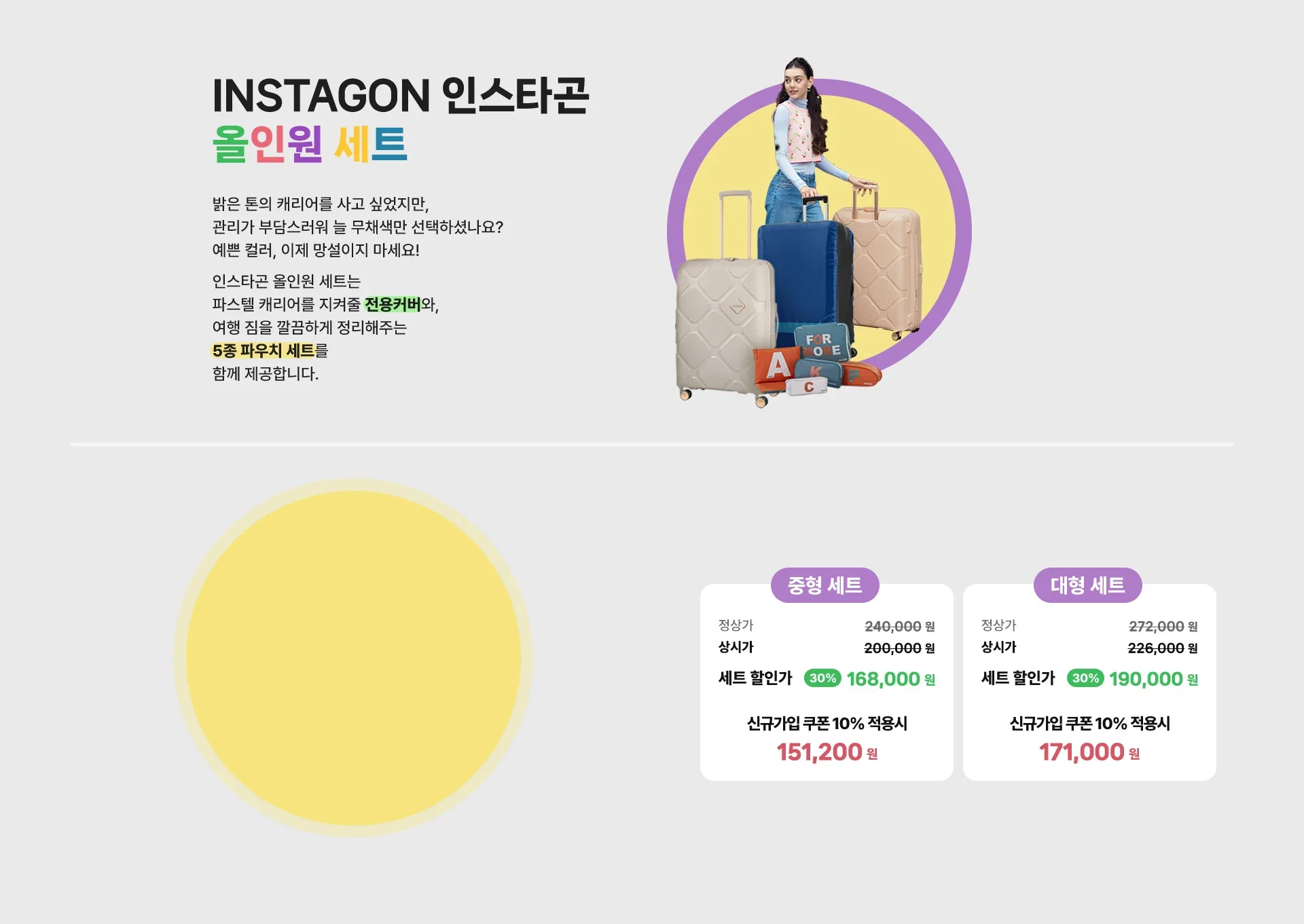 1. INSTAGON 인스타곤 올인원 세트 / 밝은 톤의 캐리어를 사고 싶었지만, 관리가 부담스러워 늘 무채색만 선택하셨나요?  예쁜 컬러, 이제 망설이지 마세요! 인스타곤 올인원 세트는 파스텔 캐리어를 지켜줄 전용커버와, 여행 짐을 깔끔하게 정리해주는 5종 파우치 세트를 함께 제공합니다. 캐리어 : 인스타곤 중형 179,000원, 대형 : 209,000원 / 전용 커버 : 중형 23,000원, 대형 : 25,000원 / 파우치 : 38,000원. (중형 세트) 정상가 240,000원, 상시가 200,000원, 세트 할인가 30% 할인 168,000원. 신규가입 쿠폰 10% 적용시 151,200원. / (대형 세트) 정상가 272,000원, 상시가 226,000원, 세트 할인가 30% 할인 190,000원. 신규가입 쿠폰 10% 적용시 171,000원.