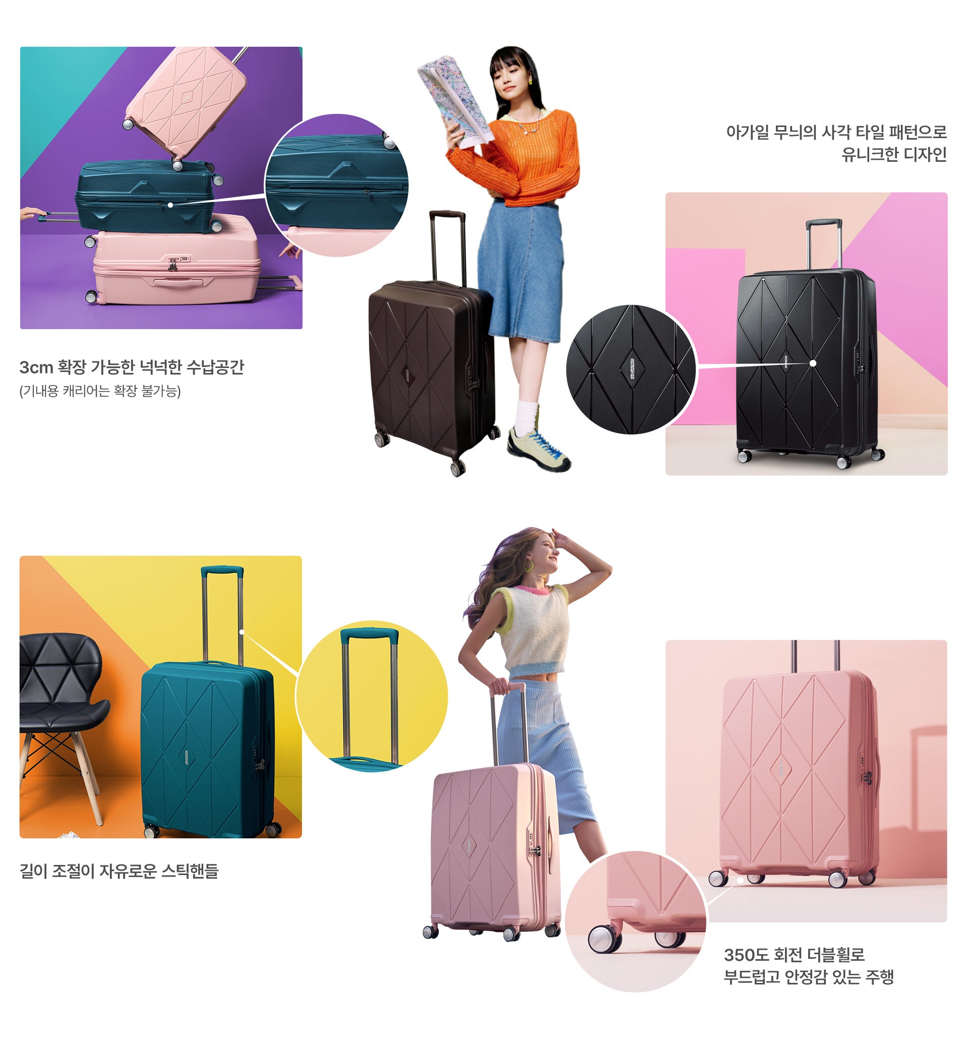 3cm 확장 가능한 넉넉한 수납공간(기내용 캐리어는 확장 불가능), 아가일 무늬의 사각 타일 패턴으로 유니크한 디자인, 길이 조절이 자유로운 스틱핸들, 350도 회전 더블휠로 부드럽고 안정감 있는 주행