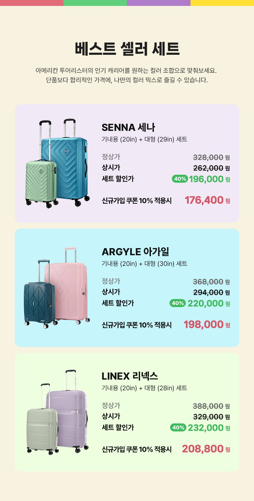 베스트 셀러 세트 / 아메리칸 투어리스터의 인기 캐리어를 원하는 컬러 조합으로 맞춰보세요. 단품보다 합리적인 가격에, 나만의 컬러 믹스로 즐길 수 있습니다. SENNA 세나 : 기내용(20in) + 대형(29in) 세트 / 정상가 328,000원, 상시가 262,000원, 세트 할인가 40% 할인 196,000원. 신규가입 쿠폰 10% 적용시 176,400원. ARGYLE 아가일 : 기내용(20in) + 대형(30in) 세트 / 정상가 368,000원, 상시가 294,000원, 세트 할인가 40% 할인 220,000원. 신규가입 쿠폰 10% 적용시 198,000원. LINEX 리넥스 : 기내용(20in) + 대형(28in) 세트 / 정상가 388,000원, 상시가 329,000원, 세트 할인가 40% 할인 232,000원. 신규가입 쿠폰 10% 적용시 208,800원.