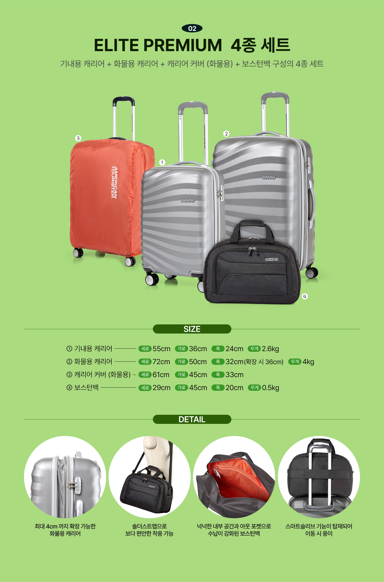 02 ELITE PREMIUM 4종 세트 기내용 캐리어 + 화물용 캐리어 + 캐리어 커버 (화물용) + 보스턴백 구성의 4종 세트 / SIZE 1. 기내용 캐리어 세로 55cm 가로 36cm 폭 24cm 무게 2.6kg 2. 화물용 캐리어 세로 72cm 가로 50cm 폭 32cm(확장 시 36cm) 무게 4kg 3. 캐리어 커버 (화물용) 세로 61cm 가로 45cm 폭 33cm 4. 보스턴백 세로 29cm 가로 45cm 폭 20cm 무게 0.5kg / DETAIL 최대 4cm까지 확장 가능한 화물용 캐리어, 숄더스트랩으로 보다 편안한 착용 가능, 넉넉한 내부 공간과 아웃 포켓으로 수납이 강화된 보스턴백, 스마트슬리브 기능이 탑재되어 이동 시 용이